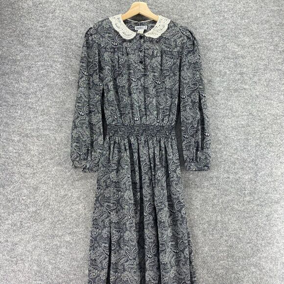 Taurus II Dress Women 10 Black Paisley Maxi Long Elastic Waist Collared Button - Picture 3 of 9